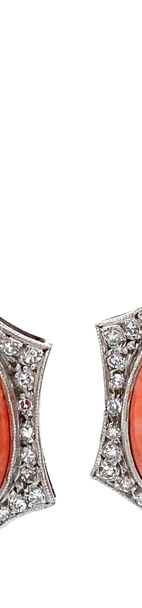 Vintage Platinum Art Deco Cluster Drop Earrings with Imitation Coral and Diamond